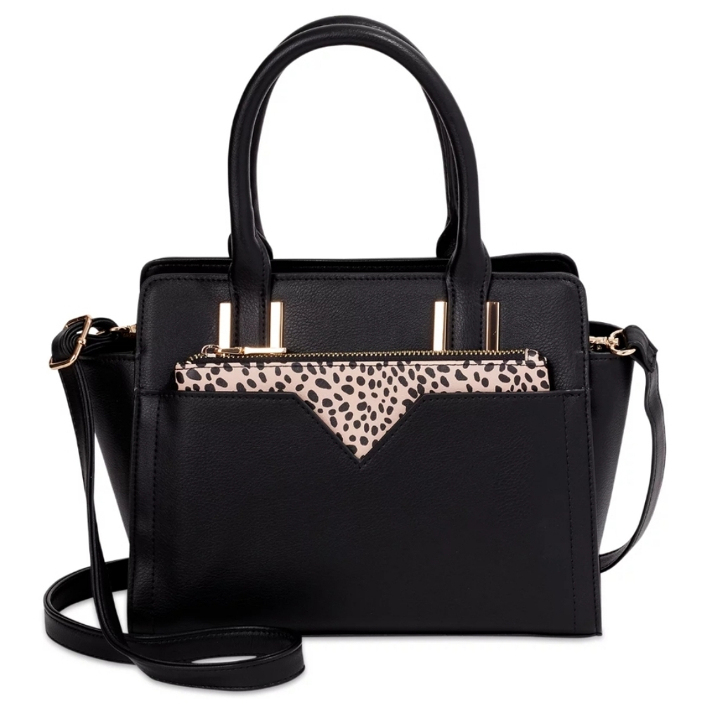 Black faux leather satchel medium size purse with removable zipper pouch